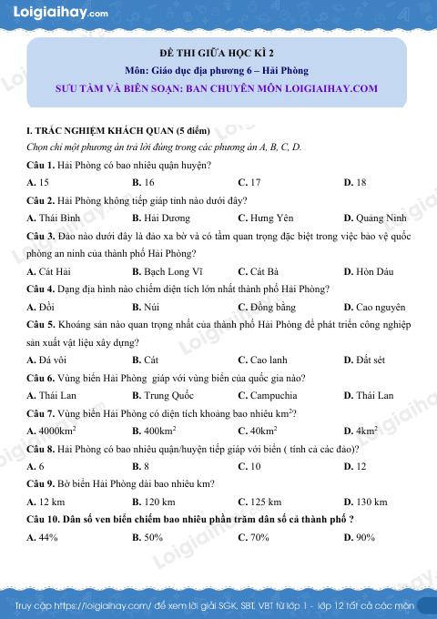 Đề thi giữa kì 2 GDĐP 6 Hải Phòng - loigiaihay.com